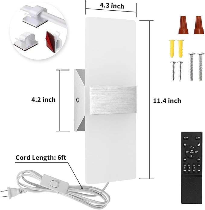 GOODATE Plug in Wall Sconces with Stepless Adjustable 3000K-6500K Colors and 10%-100% Brightness, Sconces Wall Lighting with Remote Control 12W Acrylic LED Wall Lamp with 6FT Plug in Cord, 2 Pack