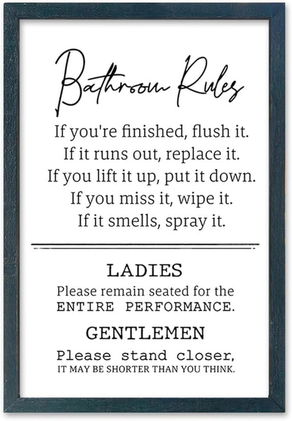 Bathroom Rules Wall Decor 16"×11" Restroom Toile Sign Humor Quotes for Bathroom Humorous Modren Restroom Wood Framed Wall Hanging Art (Black)