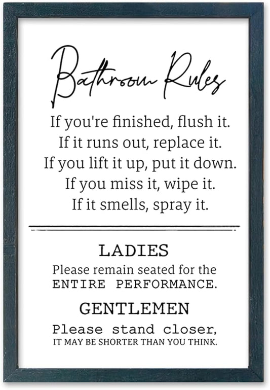 Bathroom Rules Wall Decor 16"×11" Restroom Toile Sign Humor Quotes for Bathroom Humorous Modren Restroom Wood Framed Wall Hanging Art (Black)
