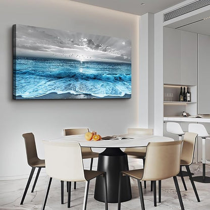ERQINHUA Large Canvas Printed Artworks Mural Wall Decor For Living Room Wall Art For Bedroom Office Restaurant Decoration Blue Sea Wave Ocean Paintings Beach Wall Pictures Modern Home Decor 30"X60"