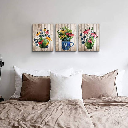 Vintage Wood grain plant flowers wall art for kitchen Wall Decorations for Living Room Bathroom Decorations room Wall decor 3 Pieces Framed Canvas print Artwork modern Office Home Decor painting