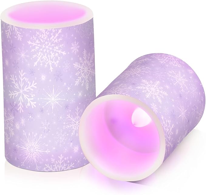ALAZA Gray White Winter Snowflakes Christmas Flickering Flameless Candles Battery Operated with Remote Timer,Tea Light Candles LED Pillar Votive Candles Set of 2 for Outdoor Indoor Decorations