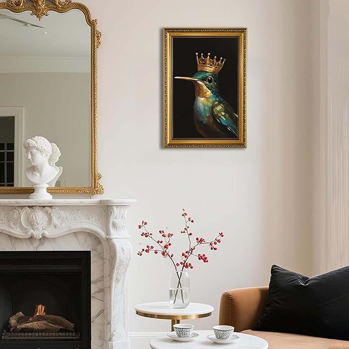 YD&YZY Gold Framed Vintage Wall Art Canvas Hummingbird Birds King Wall Decor Retro Golden Wall Prints Cute Animal Painting Picture Print Artwork for Bedroom Living Room Bathroom 16x24 inch Framed