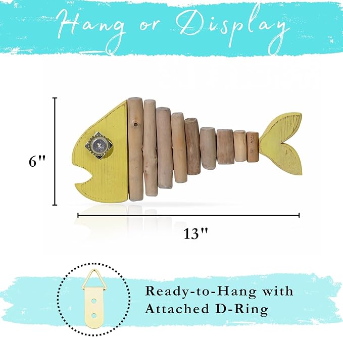 Driftwood Fish Nautical Wall Decor - Handmade Wooden Rustic Coastal Wall Art for Living Room, Bedroom, Office, Bathroom - Ocean Beach Decoration (Pixie)