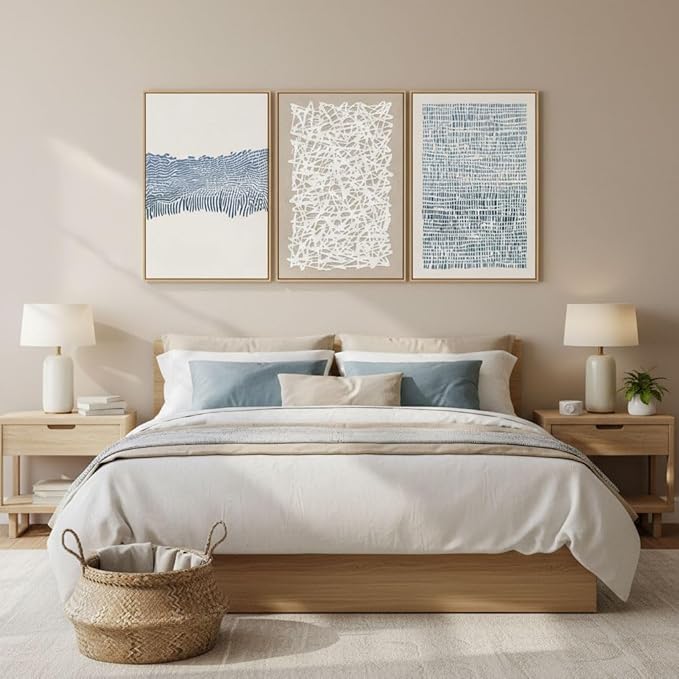 SAFERRYHOME Blue Neutral Contrast Abstract Boho Wall Art Framed Canvas Print Set, Mid Century Modern Minimalist Lines Geometric Pattern for Living Room, Bedroom, Office - 3 Panels 16x24 Inch