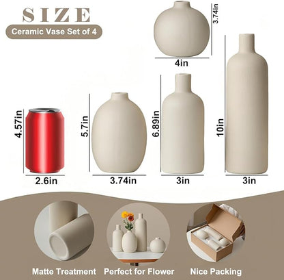 Modern Ceramic Vase Set, Neutral Colors, Decorative Vases for Home Decor, 4 Piece Collection (Beige)