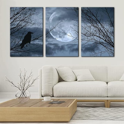 Pacimo 3 Pieces Canvas Art Wall Decor Full Moon Halloween Pictures Black and White Wall Art Painting Prints on Canvas Modern Artwork Stretched and Framed Ready to Hang - 16"x24"x3 Panel