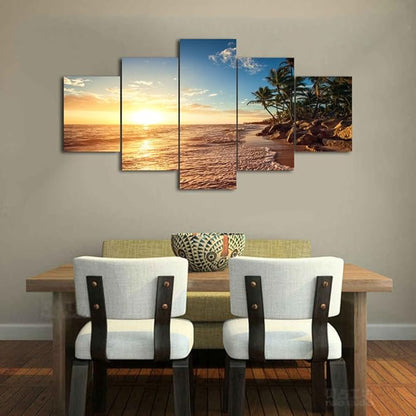 Yatsen Bridge Sunset Beach Palm Tree Posters and Prints Modern Landscape Painting Pictures Wall Art for Living Room Home Decor Gallery-wrapped Canvas Art 5 Piece Set Framed (60''W x 32''H)