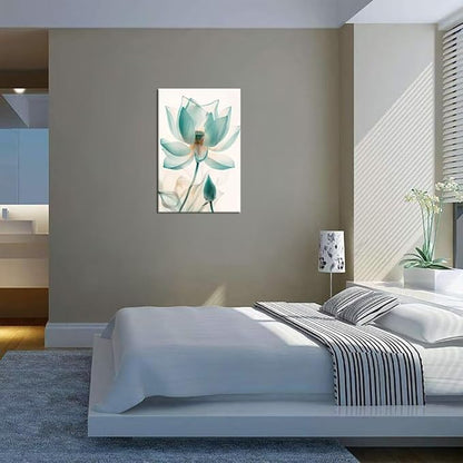 Wall HDQ Lotus Flower Canvas Wall Art for Living Room White and Blue Floral Picture Wall Decor for Bathroom Home Decorations Print Painting Framed