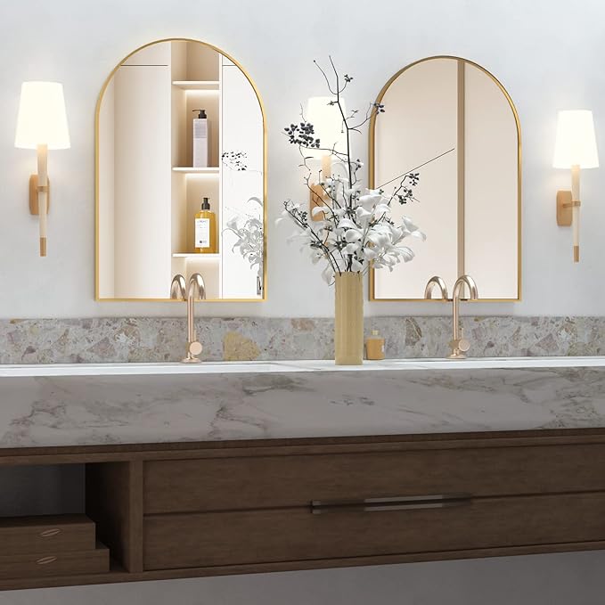 Wall Mounted Mirror, Arched Wall Mirror for Bathroom, 20"x30" Arch Bathroom Mirror with Metal Frame, 2 Piece Gold Vanity Mirror Decor for Bedroom, Entryway, Living Room
