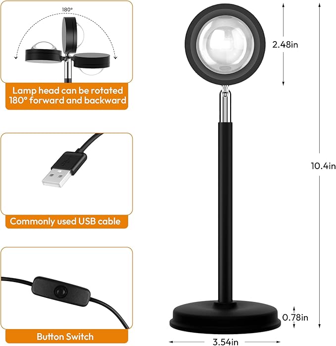 Tsrarey Sunset Lamp Projector,180 Degree Rotation Sun Projection Light Led Night Light Floor Lamp with USB Port,Sunset Lamps for Photography Party Bedroom Decor