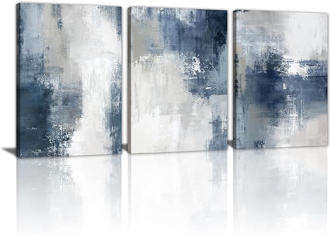 WENGTIAO 3 Pcs Navy Blue Abstract Canvas Wall Art Prints Modern Minimalist Blue Gray Artwork for Walls Framed White Neutral Poster Paintings Decor for Living Room Bedroom Bathroom Office 20x28x3Pcs