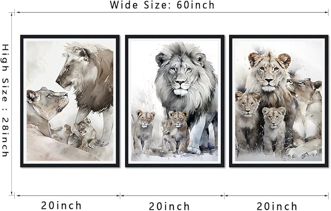 3 Pieces Lion Family Framed Canvas Wall Art Watercolor Safari Lion Picture Wall Decor for Farmhouse Modern Wildlife Animals Print Artwork for Office Nursery Decoration Easy to Hand 16x24inchx3pcs