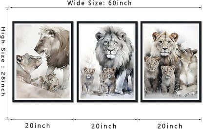 3 Pieces Lion Family Framed Canvas Wall Art Watercolor Safari Lion Picture Wall Decor for Farmhouse Modern Wildlife Animals Print Artwork for Office Nursery Decoration Easy to Hand 16x24inchx3pcs