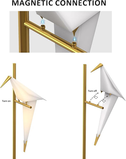 62 Inch Modern Bird Floor Lamp, Gold Bird Swing Floor Light Fixtures for Dining Room, LED Origami Swing Paper Crane Standing Floor Lamp for Living Room