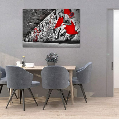 Banksy Wall Art Graffiti Street Giclee Canvas Paintings Poster and Prints Colorful Graffiti Wall Pictures Figure Street Picture Artwork Framed Art for Apartment Home Wall Decor -28”Wx44”H.