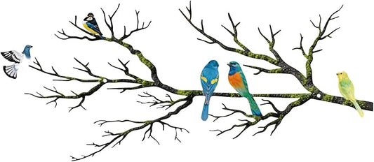 ESTART Metal Birds Wall Art, Metal Vivid Birds on Branch Silhouette Wall Decor Black Leaves with Bird Outdoor Hanging Wall Sculpture for Home Balcony Garden (Bright Color, Small)