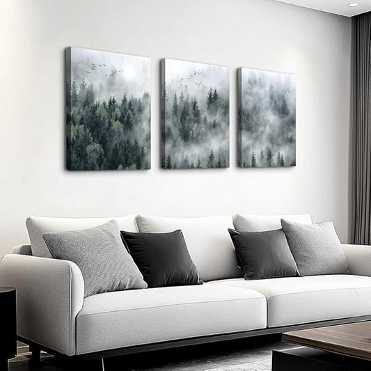 MHARTK66 Wall Decor Living Room Large Size Canvas Wall Art For Bedroom Foggy Forest Trees Landscape Wall Painting Office Decor Wall Decorations Ready To Hang Framed Wall Pictures Home Decor 3 Pieces