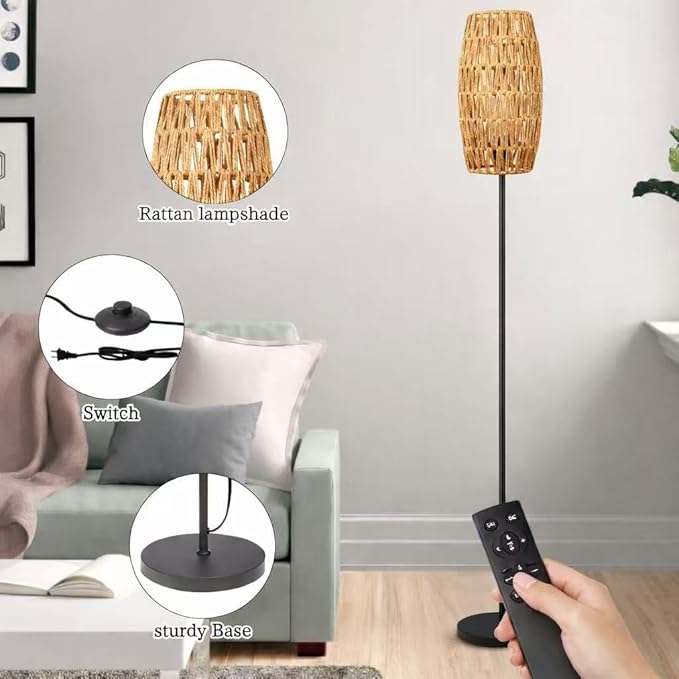 Ruiever Floor Lamp for Living Room,Farmhouse Floor lamp,Modern Standing lamp with Hand-Worked Rattan Shade (Drum Shade-with Remote)