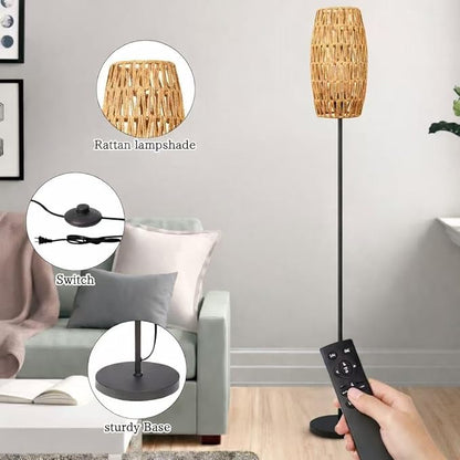 Ruiever Floor Lamp for Living Room,Farmhouse Floor lamp,Modern Standing lamp with Hand-Worked Rattan Shade (Drum Shade-with Remote)