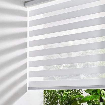 Persilux Cordless Zebra Blinds for Indoor Windows, Free-Stop Light Filtering Sheer Shades, Dual Layer for Day and Night, Roller Shades for Home (34.25" W X 47" H, White)
