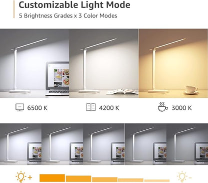 Lepro LED Desk Lamp with USB Charging Port, 700LM Dimmable Home Office Touch Control Reading Table Lamp,5 Color Modes with 5 Brightness Level, Dorm Room Essentials, Task Lamp, Sewing, Crafting, White