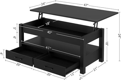 Rolanstar Coffee Table, Lift Top Coffee Table with Drawers and Hidden Compartment, Retro Central Table with Wooden Lift Tabletop, for Living Room, Black