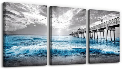 DZRWUBHS Wall Decorations For Living Room 3 Piece Framed Canvas Art Bedroom Office Decor Black And White Paintings Blue Ocean Sea Wave Pictures Artwork Modern Posters Prints Home