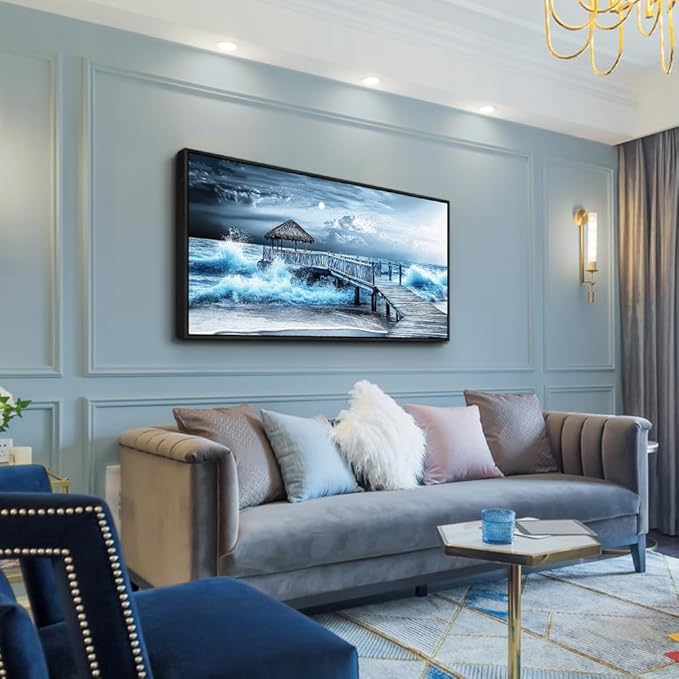 ERQINHUA Large Canvas Wall Decor For Living Room Wall Art For Bedroom Office Wall Decorations Black Frame Blue Wave Landscape Painting Artwork For Modern Stretched and Framed Beach Posters 24"X48"