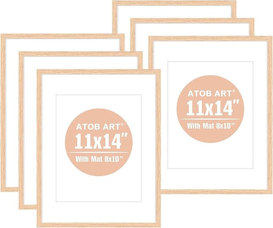11x14 OAK Natural Wood Photo Frame,Picture Frames with mat 8x10 or 2 mat 5x7,Plexi Glass front Wall Hanging Gallery for Wall and Tabletop Display,set of 6