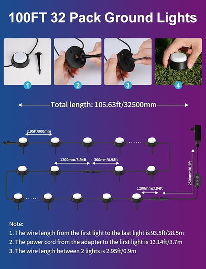 APPECK Outdoor Ground Lights 32 Pack, 100FT RGBW Color Changing Pathway Lights Wired, 2200K Warm White Smart Landscape Lighting, for Garden Yard Lawn Path Holiday Party Decor, with App/Voice Control