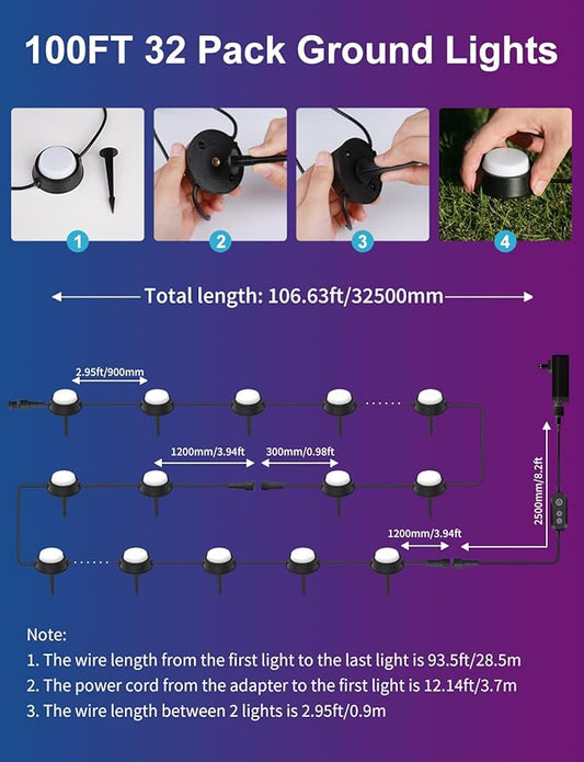 APPECK Outdoor Ground Lights 32 Pack, 100FT RGBW Color Changing Pathway Lights Wired, 2200K Warm White Smart Landscape Lighting, for Garden Yard Lawn Path Holiday Party Decor, with App/Voice Control