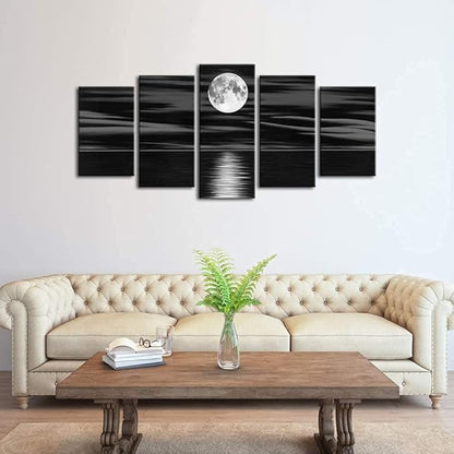 Wieco Art Sea White Full Moon in Night Canvas Print Wall Art Black and White Ocean Beach for Living Room Bedroom Kitchen Home Decorations 5 Piece Modern Abstract Artwork