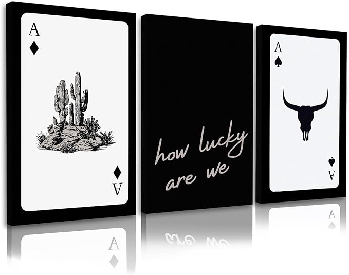 Western Wall Decor Living Room,Southwestern Cowboy How Lucky Are We Wall Art,Longhorn Bull Skull and Playing Card Canvas Painting Pictures for Bedroom Bathroom Office,12x16in,Framed