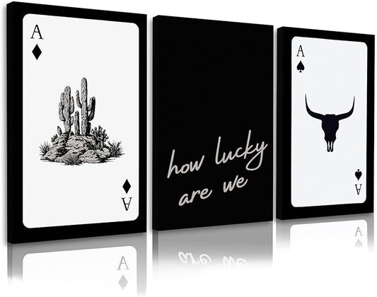 Western Wall Decor Living Room,Southwestern Cowboy How Lucky Are We Wall Art,Longhorn Bull Skull and Playing Card Canvas Painting Pictures for Bedroom Bathroom Office,12x16in,Framed