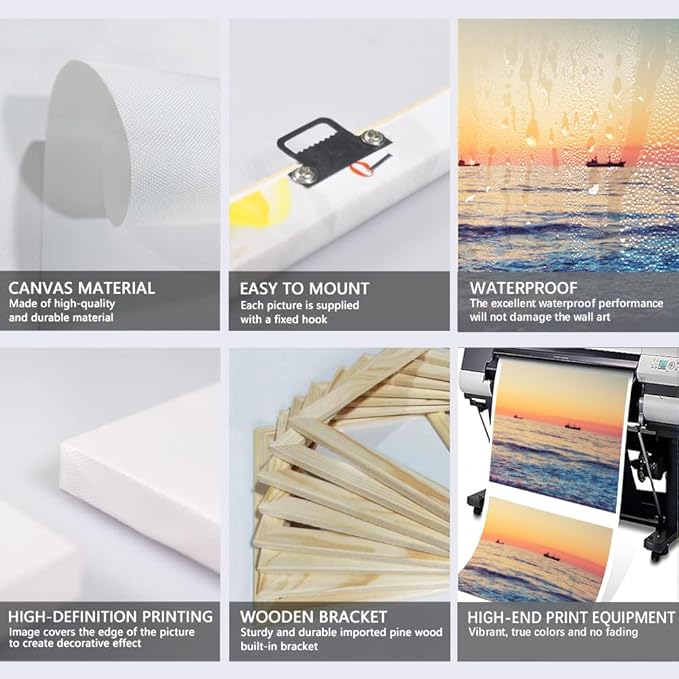 Beautiful Enlarge 5 Piece Sunset Beach Waves Landscape Artwork Pictures Painting on Canvas Wall Art for Living Room Prints and Posters for Home Decorations Wall Decor Set Framed (60’’W x 40’’H)
