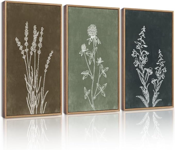 Drsoum Vintage Boho Flower Wall Art Framed Retro Botanical Floral Wall Prints Wildflower Neutral Rustic Bohemain Artwork Bedroom Ready to Hang 16x24in Natural Framed
