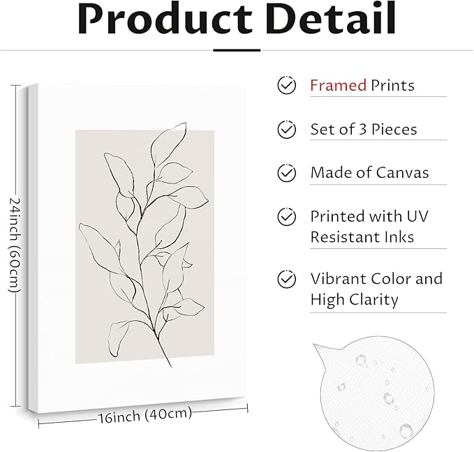 Youillne Neutral Botanical Prints Wall Art Decor Plant Minimalist Canvas Pictures Vintage Beige Wall Art Modern Farmhouse Line Poster Boho Abstract Painting Artwork for Bedroom 16x24 Inch Set of 3