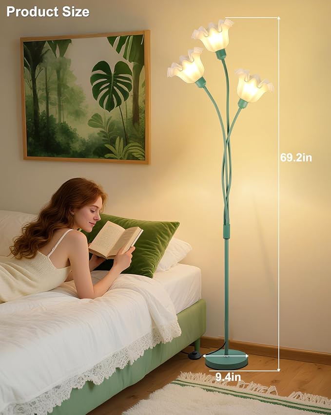 Lightdot Vintage Flower Floor Lamp for Living Room Modern Standing Lamp with DIY Flexible Branch Pole Green Cute Floral Floor Lamps with 5Lbs Heavy Base for Girls' Bedroom/Sofa/Corner(Bulbs Included)