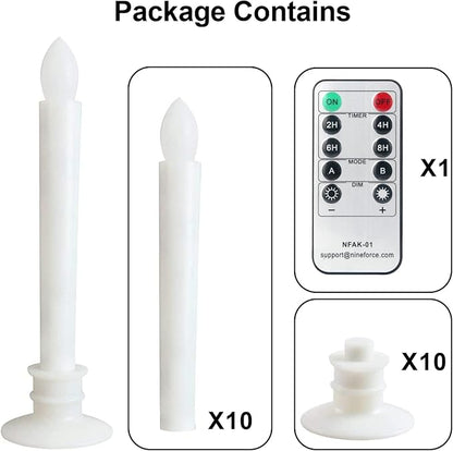 2 Pack Flameless Taper Candles with Remote/Timer, Battery Operated Flickering LED Window Candles, Vintage Christmas Electric Fake Candlesticks, White Holder