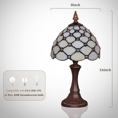 Capulina Tiffany Table Lamp 8 Inches Antique Beige Beads Style Stained Glass Small Desk Lamp Decor for Home Office Bedroom Living Room