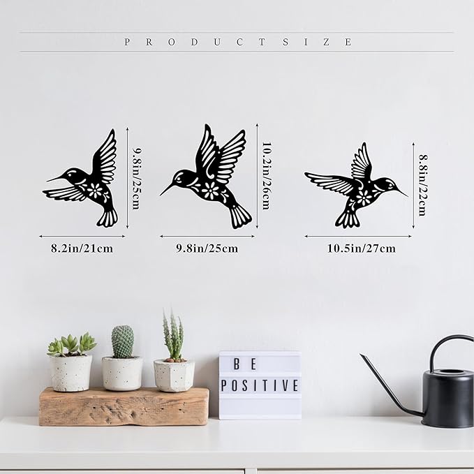 Metal Hummingbird Wall Art Decor - 3-Piece Black Iron Wall Sculpture with Engraved Leaf Patterns, Handmade Home Decor for Living Room, Bedroom, Kitchen, Bathroom, Patio