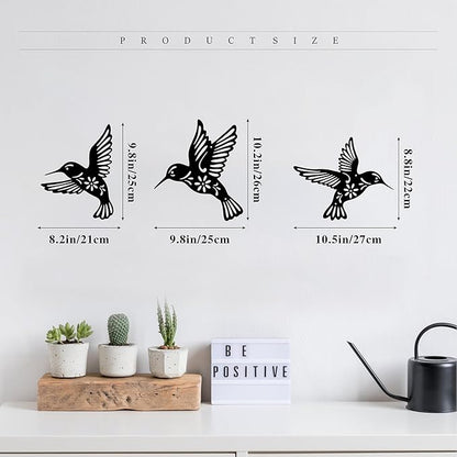 Metal Hummingbird Wall Art Decor - 3-Piece Black Iron Wall Sculpture with Engraved Leaf Patterns, Handmade Home Decor for Living Room, Bedroom, Kitchen, Bathroom, Patio