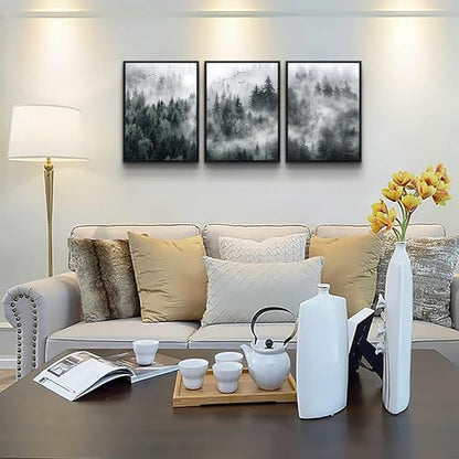 MHARTK66 Black Framed Wall Art For Living Room Modern Decorations Bedroom Foggy Forest Trees Landscape Painting Office Decor Home Ready To Hang a Pictures Of 3 Piece Prints