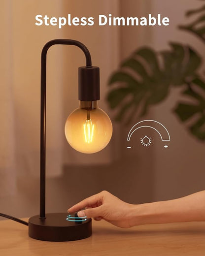ONEWISH Industrial Table Lamp Set of 2 with USB C&A Charging Port, Stepless Dimmable Nightstand Bedside Lamps for Bedroom,Desk Lamps with 2700K Black Gradient Bulb for Reading Living Room,Office