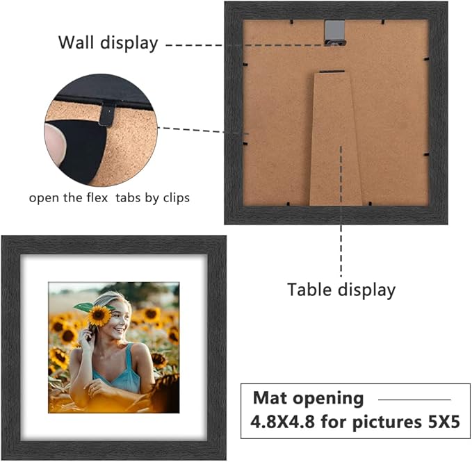 8x8 Picture Frame Rustic Black Wood Set of 6,Display Pictures 5x5 with Mat or 8x8 Without Mat,Multi Photo Frames Collage for Wall or Tabletop Display