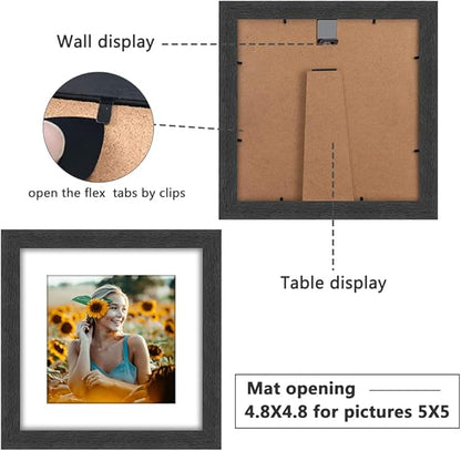 8x8 Picture Frame Rustic Black Wood Set of 6,Display Pictures 5x5 with Mat or 8x8 Without Mat,Multi Photo Frames Collage for Wall or Tabletop Display