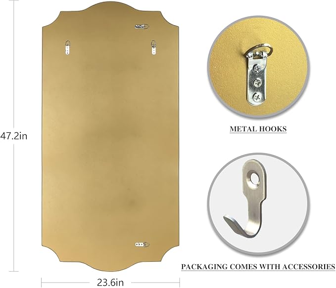 POZINO Gold Scalloped Mirror, 24"x47" Large Rectangle Aesthetic Wall Mirror with Wood Frame, Modern Elegant Wavy Mirrors for Living Room Bedroom Hallway Entryway, Horizontal or Vertical Hanging