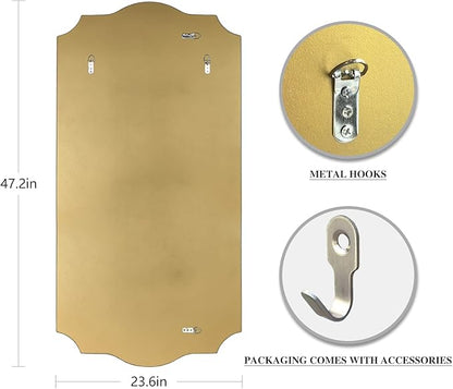 POZINO Gold Scalloped Mirror, 24"x47" Large Rectangle Aesthetic Wall Mirror with Wood Frame, Modern Elegant Wavy Mirrors for Living Room Bedroom Hallway Entryway, Horizontal or Vertical Hanging