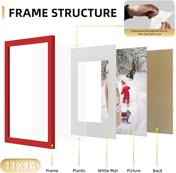 YESKAY 11x14 Picture Frame Set of 9, Photo Gallery Wall Frame Set, Display Pictures 8x10 with Mat or 11 x 14 Without Mat, Multi Photo Frames for Wall Mounting or Table Top Display, Red